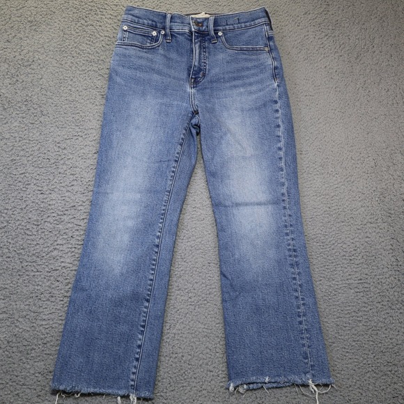 Madewell Denim - Madewell Mid-Rise Kick Out Jeans Blue Raw Hem Cropped Flare Denim 27